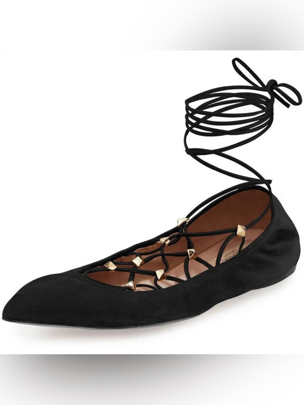 Valentino Black Lace-Up Pointed-Toe Flats with Strappy Detail
